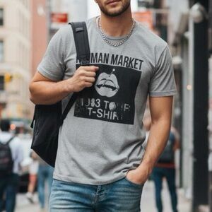 𝅺NEW Herman Market Lips Tour Grey Rayon Cotton T-Shirt Size S